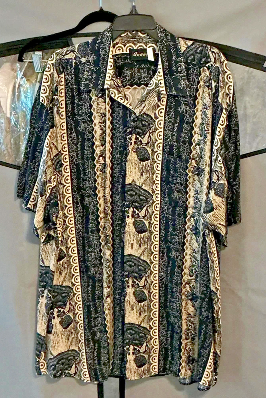 AVANTI Hawaiian Camp Shirt Mens 2XLT Big Tall Black Cream Tapa Leaf (See Meas)
